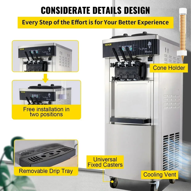 VEVOR Commercial Soft Ice Cream Machine 2200W 20-28L/H Ice Cream Maker Double 6L Hoppers Ice Cream Making Machine YKF-8228H