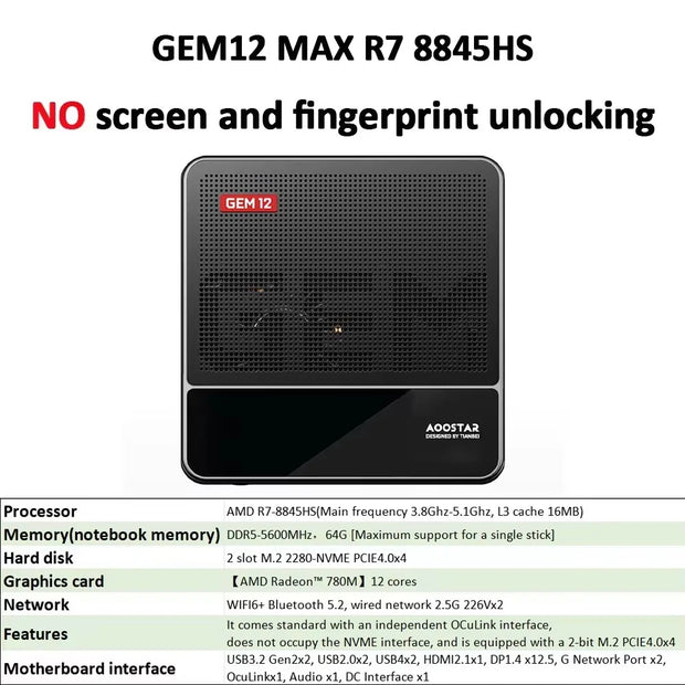AOOSTAR GEM12+ Mini PC AMD Ryzen 7 PRO 8845HS 5.1GHz 32GB DDR5 1TB SSD Radeon 780M WiFi6 BT5.2 USB4 HDMI2.1 Mini PC Windows 11