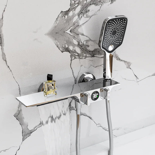 Bathroom Gray Bathtub Faucet Set Wall Mounted Brass Digital Display Smart Waterfall Shower Faucet Set White Chrome Black