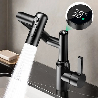 Washbasin Faucet Bathroom Multi-functional Mechanical Arm Cold and Hot Water Tap Digital Display Household Universal Rotation