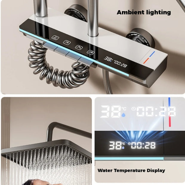 Hot Cold Shower Set Faucet Temperature Digital Display Bathroom Wall Mounted 4 Ways Water Outlet Rainlfall Shower Faucet System