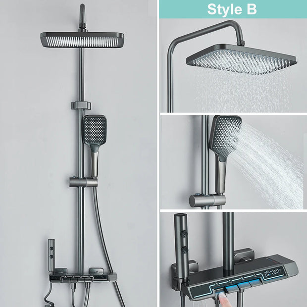 Gray Bathroom Shower Faucet Digital Display Faucet Set Piano Button Shower System With Atmosphere light Space Aluminum