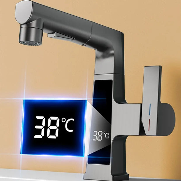 LED Bathroom Faucet Intelligent Temperature Sensor Digital Display Faucet Brass Basin Taps Cold Hot Water Pull Out Lifting