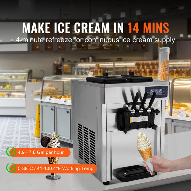SucceBuy Commercial Ice Cream Machine 18-28 L/H Yield 3-Flavor Soft Serve Ice Cream Maker 2 x 5.5L Stainless Steel Cylinder