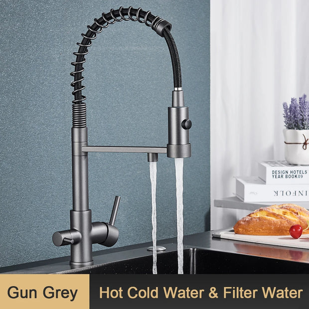 Pull Down Filter Kitchen Faucet 3 Ways Drinking Pure Water Faucets Brass 360° Flexible Purification Water Mixer Tap