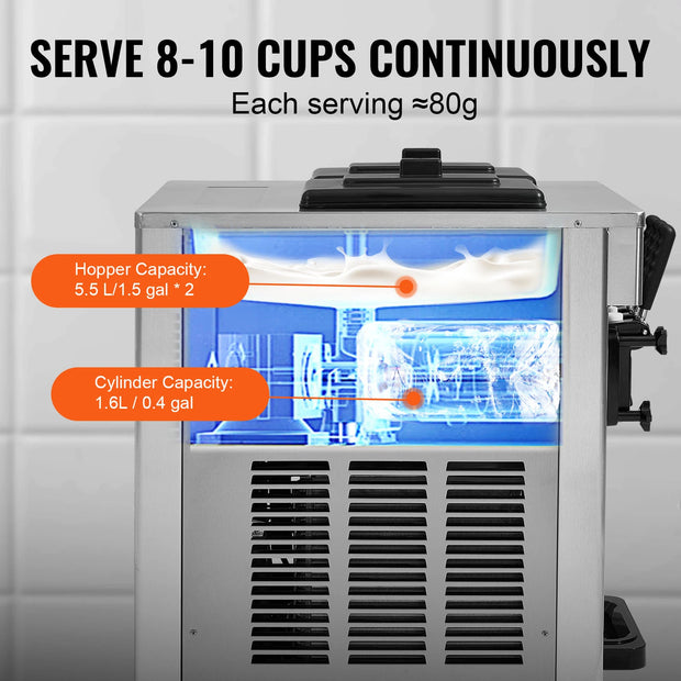 SucceBuy Commercial Ice Cream Machine 18-28 L/H Yield 3-Flavor Soft Serve Ice Cream Maker 2 x 5.5L Stainless Steel Cylinder
