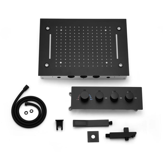 OLEFY Bathroom Shower Head 360*500MM Matte Black Thermostatic Concealed Faucet Hand Shower Ceiling LED Shower Set