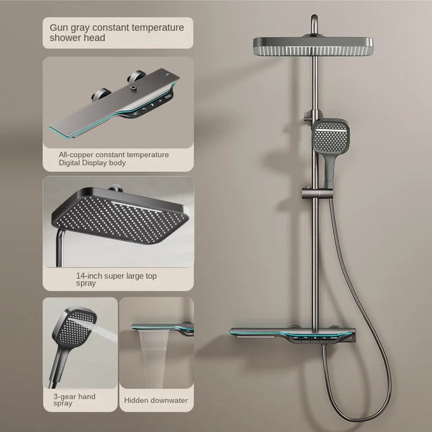 Light Luxury Intelligent Digital Display Thermostatic Shower Set With Ambient Light Piano Keys Bathroom Brass Booster Shower Set