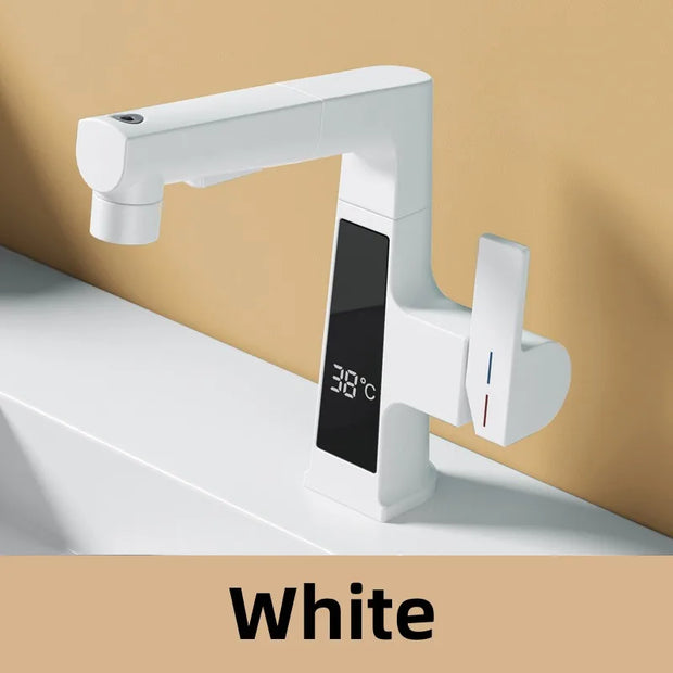 LED Bathroom Faucet Intelligent Temperature Sensor Digital Display Faucet Brass Basin Taps Cold Hot Water Pull Out Lifting
