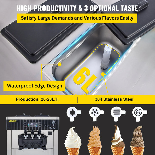 VEVOR Commercial Ice Cream Machine 5.3 to 7.4Gal per Hour Soft Serve with LED Display Auto Clean 3 Flavors for Restaurants,2200W