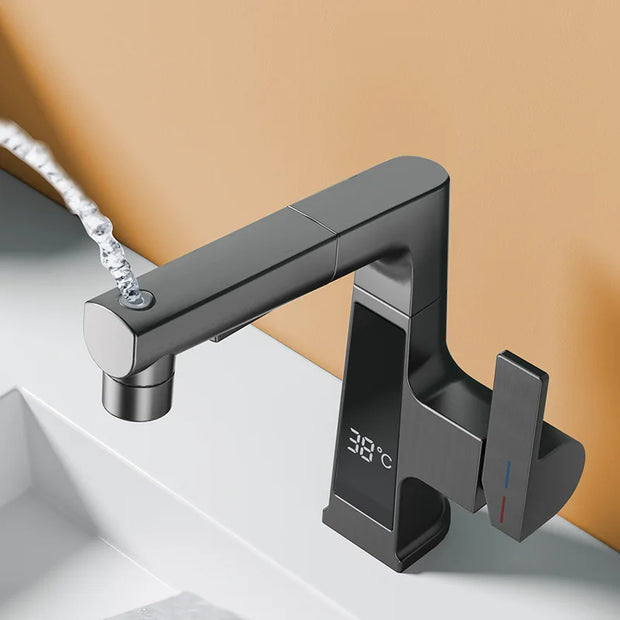LED Bathroom Faucet Intelligent Temperature Sensor Digital Display Faucet Brass Basin Taps Cold Hot Water Pull Out Lifting