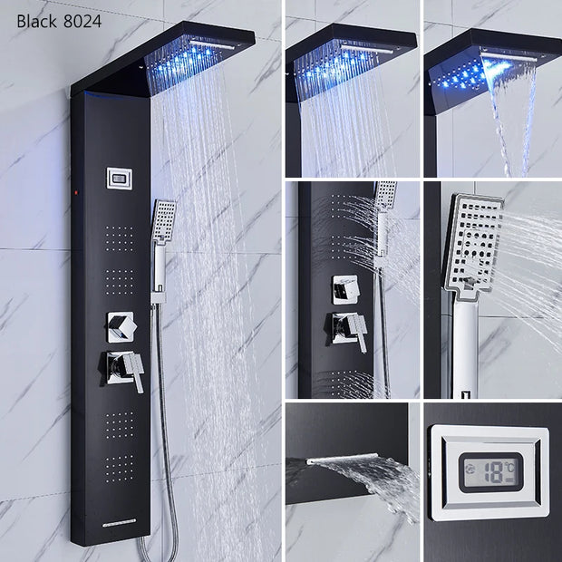 LED Shower Panel Waterfall Rain Shower Faucet Set SPA Massage Jet Bath Shower Column Temperature Display Mixer Tap Tower