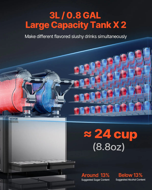 VEVOR Commercial Slushy Machine, 3Lx2 Double Tank Frozen Drink Machine, Stainless Steel Margarita Smoothie Frozen Drink Maker