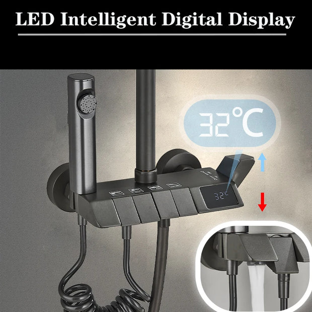 Piano Digital Shower Set Intelligent Brass Bathroom Faucets Hot Cold Waterfall Tap Rainfall Gray Shower System chuveiro