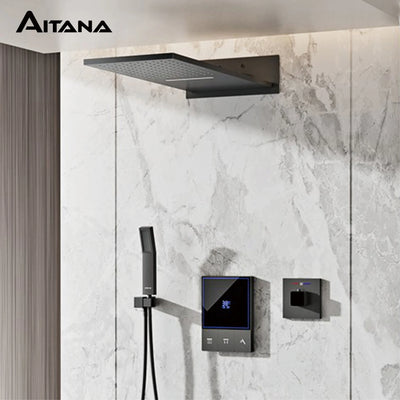 Luxury Gun Grey Brass Wall-Mounted Thermostatic Shower Set Rainfall LED Display&3 Spray Modes Anti-Scald Bathroom Mixer System