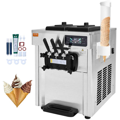 SucceBuy Commercial Ice Cream Machine 18-28 L/H Yield 3-Flavor Soft Serve Ice Cream Maker 2 x 5.5L Stainless Steel Cylinder