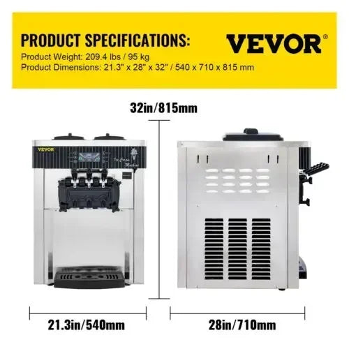 VEVOR Commercial Soft Ice Cream Maker Machine 2200W 20-28L/H Ice Cream Maker Double 6L Hoppers Ice Cream Making Machine