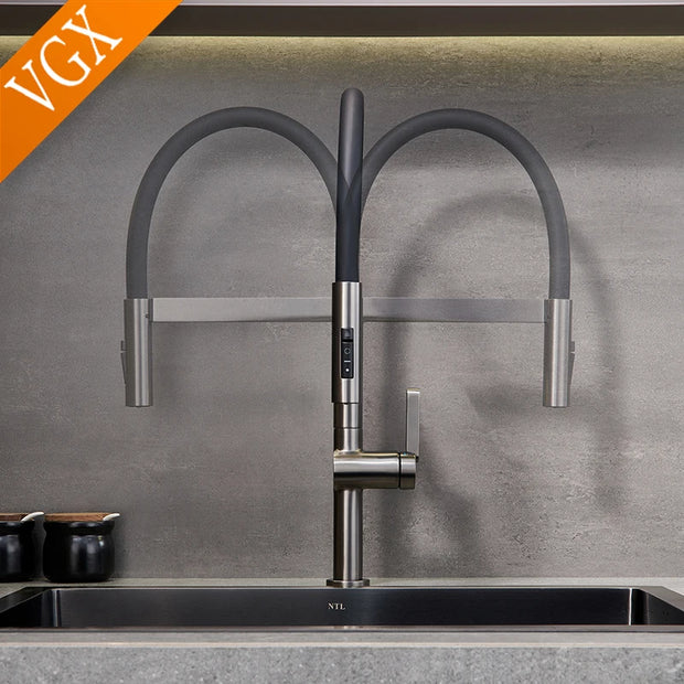 VGX Kitchen Faucet Sink Faucets Rubber Pull Down Stream Sprayer Taps Rotatable Kitchen Mixer Water Tap Hot Cold Crane Brass Grey