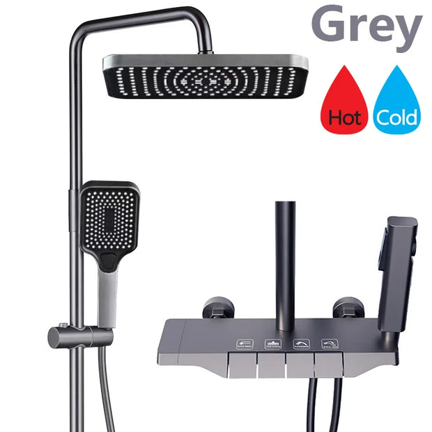 Grey Shower System Set Bathroom Digital LED Rain Showers Faucet Brass Bath Thermostat Rainfall Shower 4 Way with Bidet Taps Sets