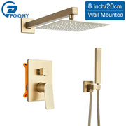 POIQIHY Brushed Golden Shower Faucets Wall Mount Concealed Shower Set Rainfall Bath Shower Mixers 2 ways Bathroom Mixer Tap