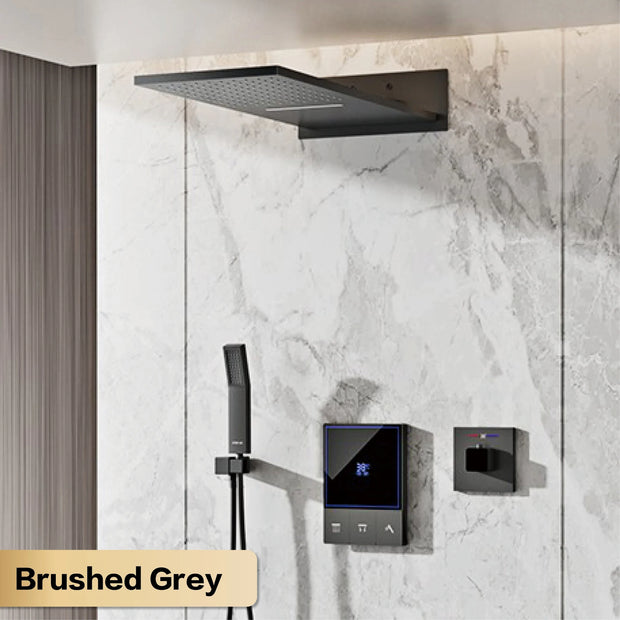 Luxury Gun Grey Brass Wall-Mounted Thermostatic Shower Set Rainfall LED Display&3 Spray Modes Anti-Scald Bathroom Mixer System