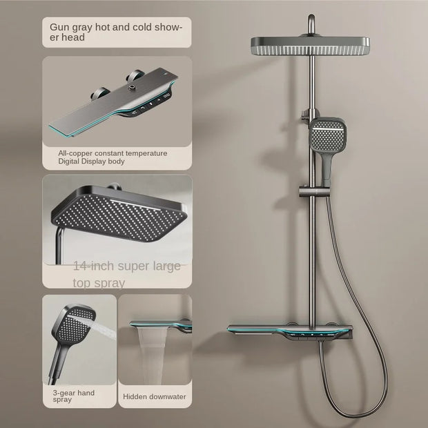 Light Luxury Intelligent Digital Display Thermostatic Shower Set With Ambient Light Piano Keys Bathroom Brass Booster Shower Set