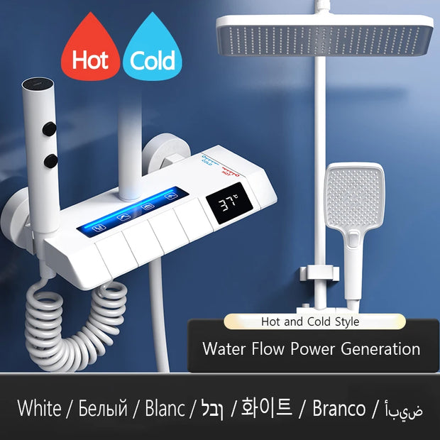 White Grey Rainfall Shower System Suit Brass LED Digital Smart Bathroom Faucet Bathtub 4 Way Square Shower Full Set with Lamp