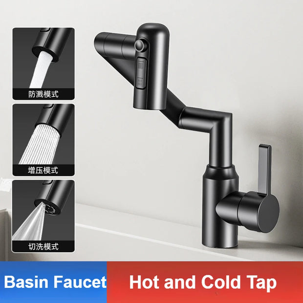 Washbasin Faucet Bathroom Multi-functional Mechanical Arm Cold and Hot Water Tap Digital Display Household Universal Rotation