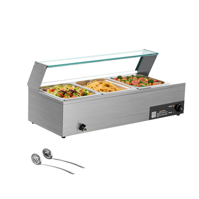 SucceBuy Commercial Food Warmer Electric Stainless Steel Steam Food Warmer with Glass Cover 3-Pan Countertop Buffet Bain Marie