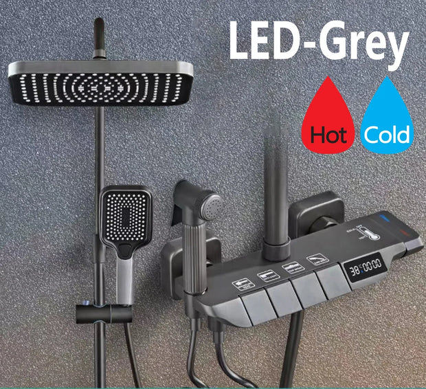Grey Shower System Set Bathroom Digital LED Rain Showers Faucet Brass Bath Thermostat Rainfall Shower 4 Way with Bidet Taps Sets