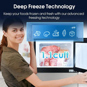 Compact 3.2 Cu.Ft TwoDoor Refrigerator with Freezer and 7 Adjustable Temperature Levels for Efficient Food and Drink Storage in