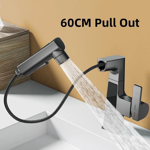LED Bathroom Faucet Intelligent Temperature Sensor Digital Display Faucet Brass Basin Taps Cold Hot Water Pull Out Lifting