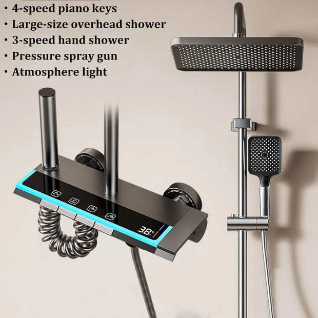 Space Aluminum Household Gun Gray Digital Display Shower Set Hotel Bathroom Shower Atmosphere Light Shower Full Set