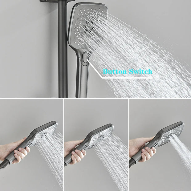 Grey Shower System Set Bathroom Brass Showers Faucet Sets Digital 4 Way LED Rain Bathtub Hot Cold Piano Key Rainfall Shower Set