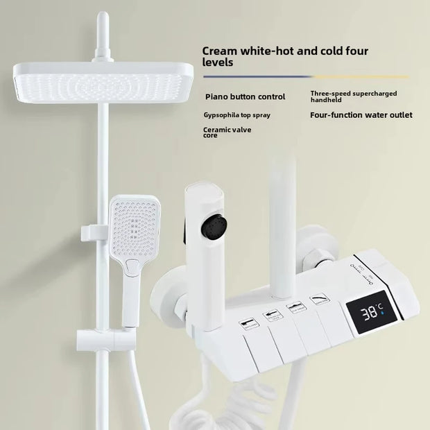 Kit de ducha de cobre completo con pantalla LED, botón de piano para baño, cabezal de ducha de refuerzo, nuevo modelo 2025