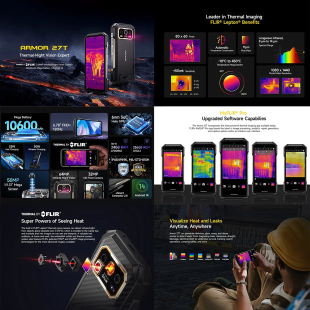 Ulefone Armor 27T Thermal lmaging FLIR® Rugged Phone 10600mAh Battery 12GB+256GB 6.78"FHD 120Hz 50MP Camera Night Vision 4G NFC