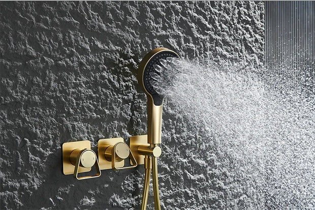 Brushed Gold Bathroom Shower Faucet Set 2 Way Rainfall Bathtub Mixer Hot Cold Water Mixed Tap ceiling arm Embedded Box