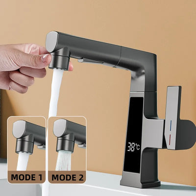 LED Bathroom Faucet Intelligent Temperature Sensor Digital Display Faucet Brass Basin Taps Cold Hot Water Pull Out Lifting