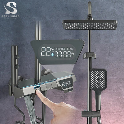 Gray Bathroom Shower Faucet Digital Display Faucet Set Piano Button Shower System With Atmosphere light Space Aluminum