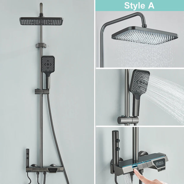 Gray Bathroom Shower Faucet Digital Display Faucet Set Piano Button Shower System With Atmosphere light Space Aluminum
