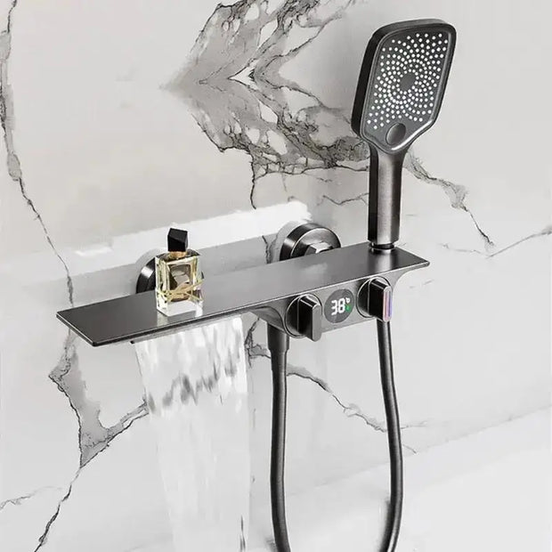 Gray Bathroom Bathtub Faucet Set Wall Mounted Brass Digital Display Smart Waterfall Shower Faucet Set White Chrome Black