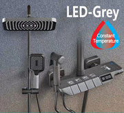 Grey Shower System Set Bathroom Digital LED Rain Showers Faucet Brass Bath Thermostat Rainfall Shower 4 Way with Bidet Taps Sets