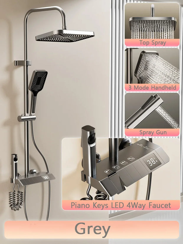 Piano Keys Shower System Set Bathroom Shower Set Gray Black Bathtub Hot and Cold Shower Faucet LED Digital Copper Tap Shower Set