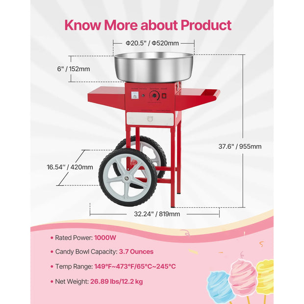 SucceBuy Electric Cotton Candy Machine with Cart Commercial Candy Floss Maker with 20.5 in Stainless Steel Bowl Sugar Scoop