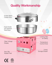 SucceBuy Electric Cotton Candy Machine Commercial Candy Floss Sugar Maker with 20.5 in Stainless Steel Bowl Sugar Scoop Pink