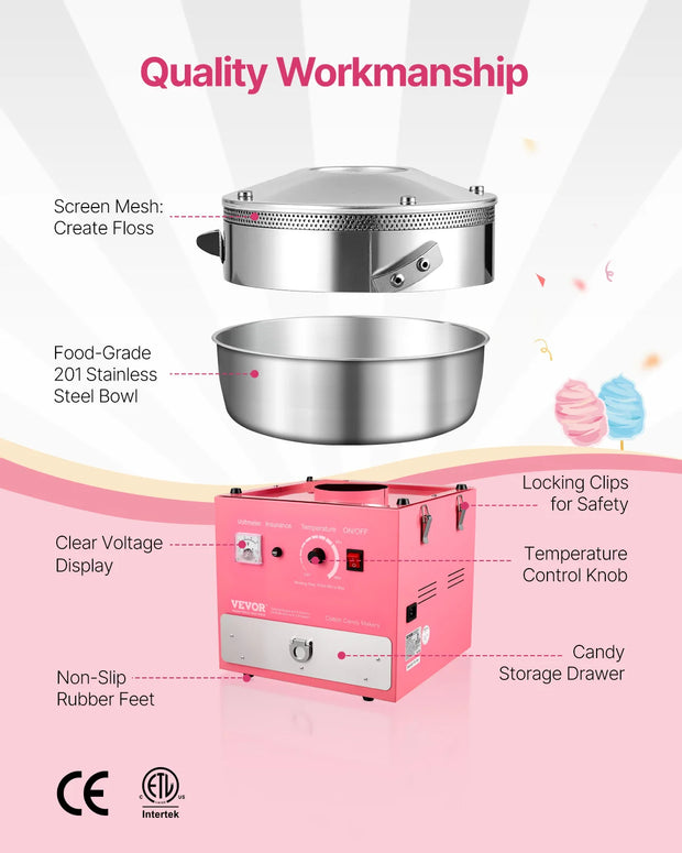SucceBuy Electric Cotton Candy Machine Commercial Candy Floss Sugar Maker with 20.5 in Stainless Steel Bowl Sugar Scoop Pink