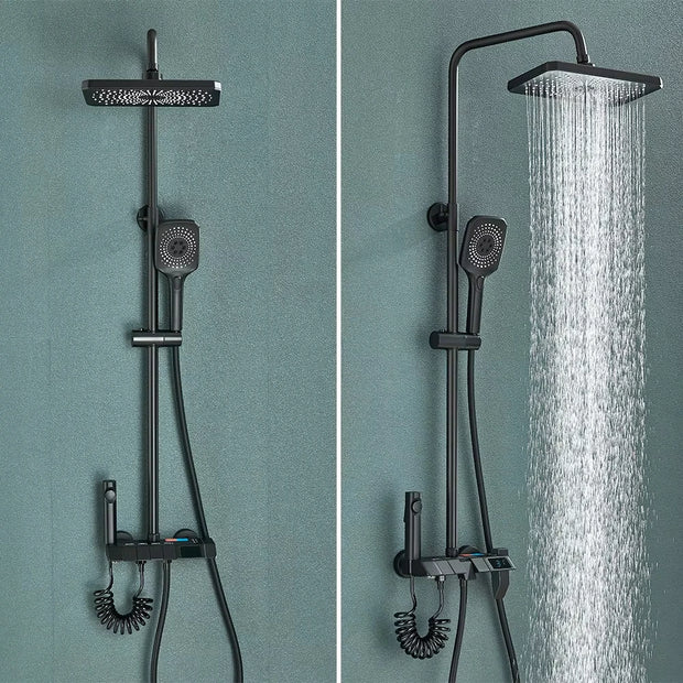 Kit de ducha de cobre completo con pantalla LED, botón de piano para baño, cabezal de ducha de refuerzo, nuevo modelo 2025