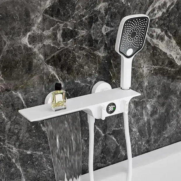 Gray Bathroom Bathtub Faucet Set Wall Mounted Brass Digital Display Smart Waterfall Shower Faucet Set White Chrome Black
