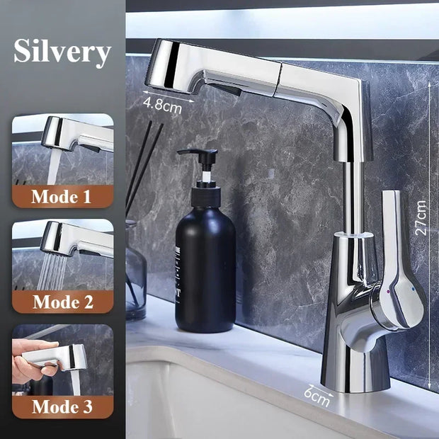 Rotary Pull-out Type Bathroom Faucet Hot and Cold Water Outlet Sink Faucet Three Mode Water Outlet Bathroom Sink Faucet Tap Tap