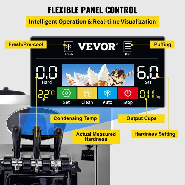 VEVOR 2200W Pre-cooling Commercial Soft Ice Cream Machine 3 Flavors Snack Shop Cafe 2+1 Flavors Vertical Soft Ice Cream Machine